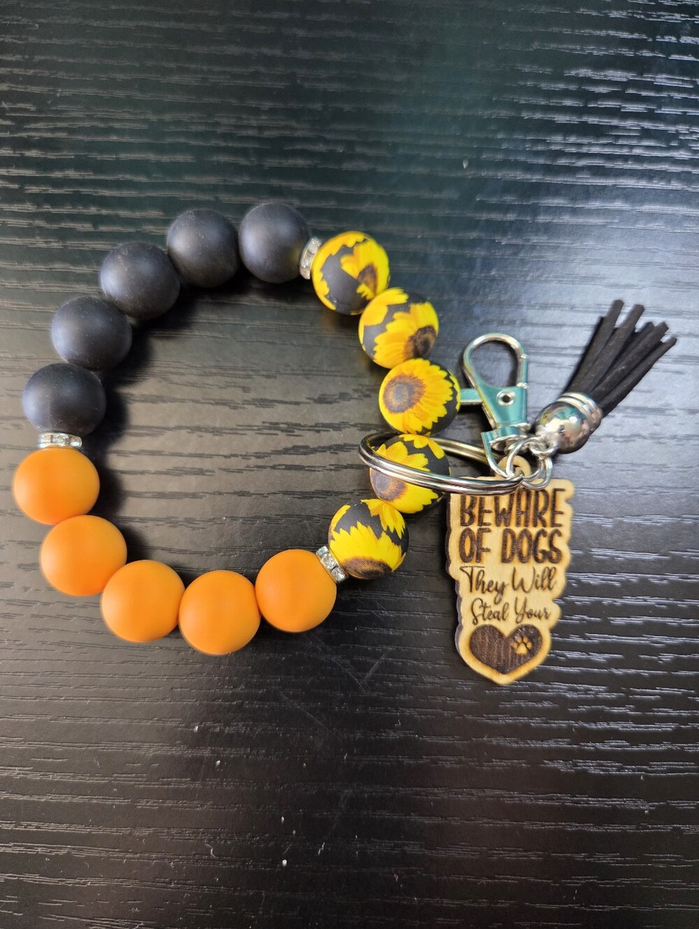 Sunflower Orange & Black Beaded Keychain Bracelet with Dog Charm